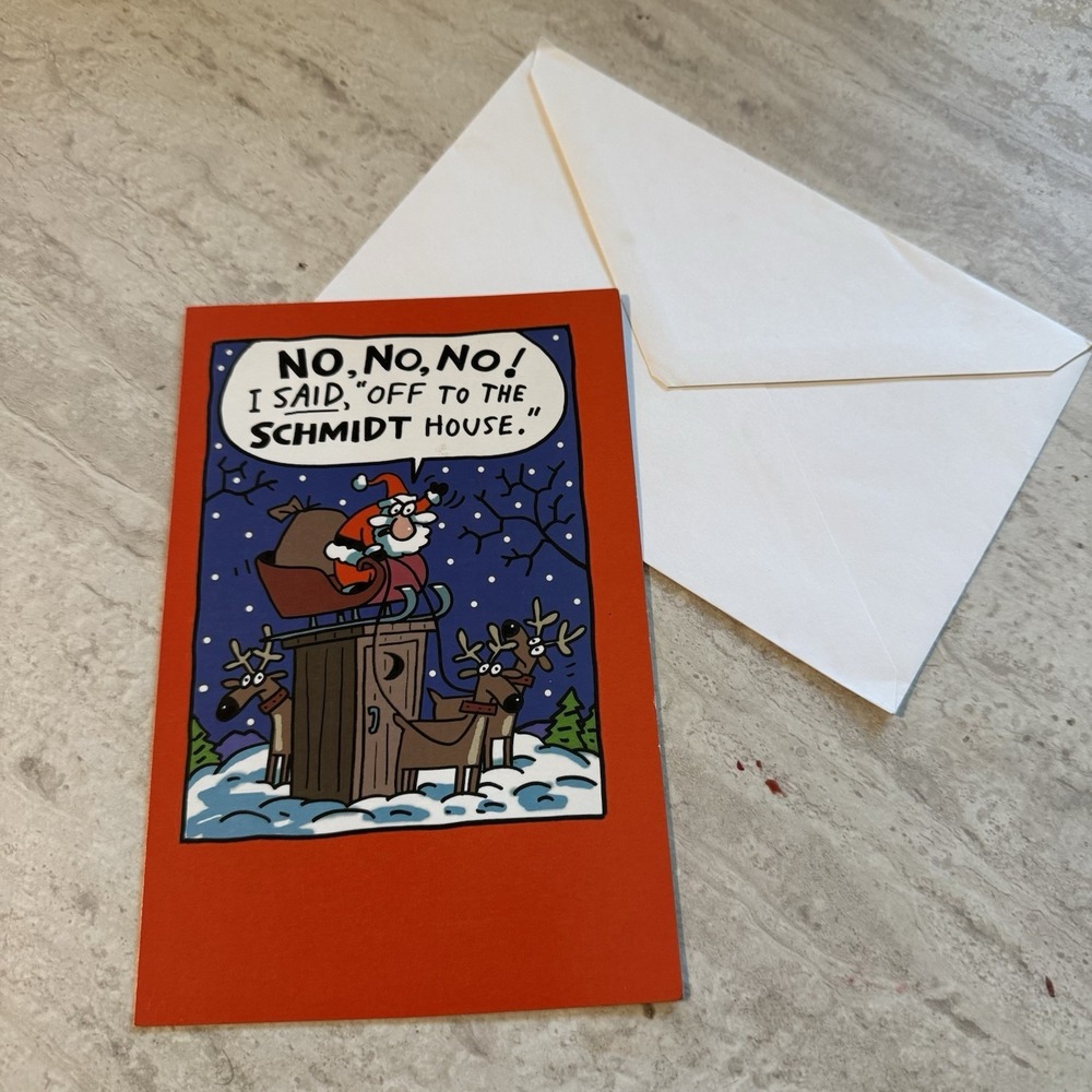 Funny VTG Christmas Card + Envelope Santa & Reindeer Greeting Inside UNUSED